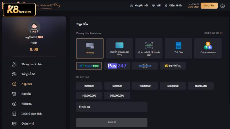 Hướng dẫn chi tiết cách nạp tiền K8 bằng nhiều phương thức tiện lợi